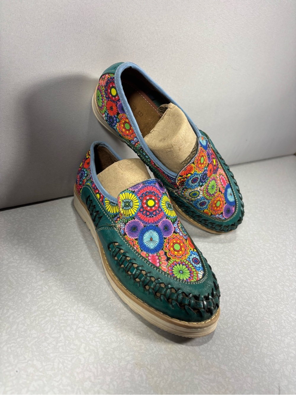 Maya Floral Leather Slip-On Loafers in Teal and Multicolor Made in Mexico